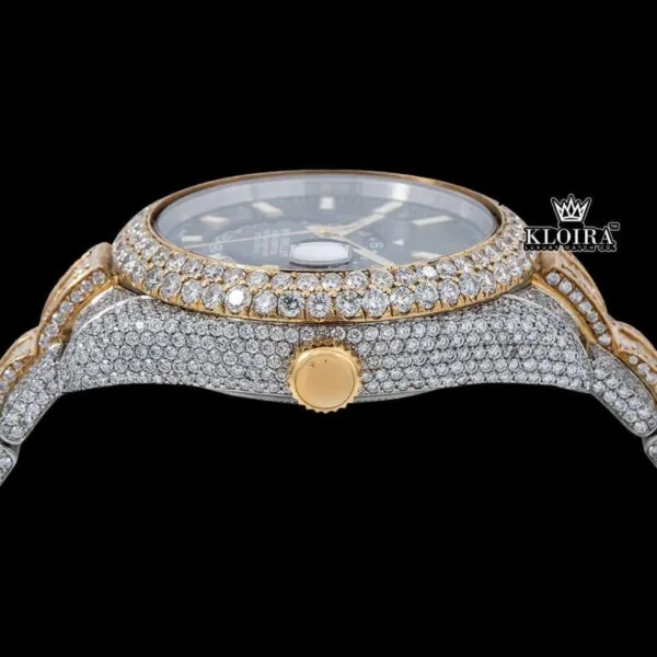 White Stick Markers Black Dial Two Tone Iced Out Moissanite Diamond Watch Crown View