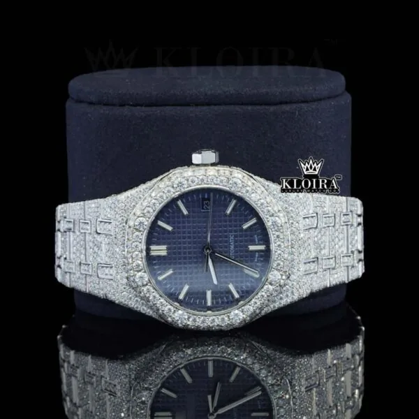 White Stick Markers Blue Dial Fully Iced Out Moissanite Diamond Watch Close Up Front View