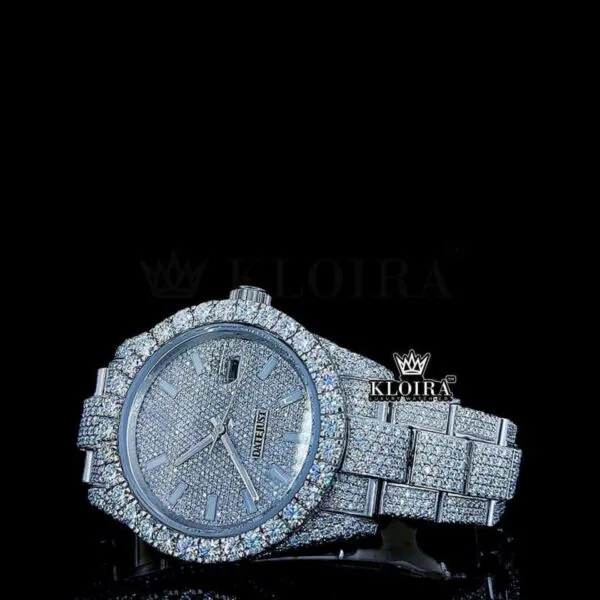 White Stick Markers Dial Full Iced Out White Gold Moissanite Watch Close Up Dial View
