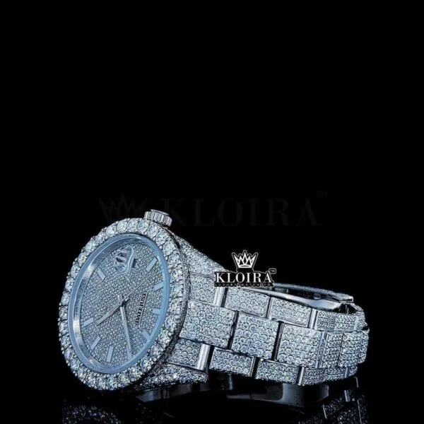 White Stick Markers Dial Full Iced Out White Gold Moissanite Watch Left Profile View
