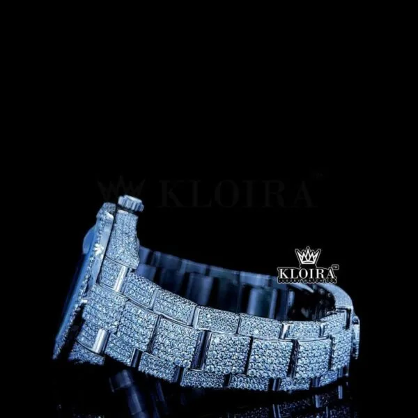 White Stick Markers Dial Full Iced Out White Gold Moissanite Watch Left Side Bracelet View