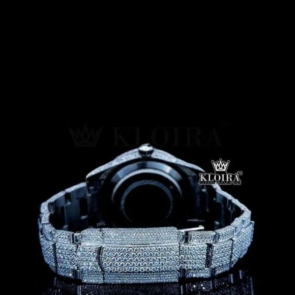 White Stick Markers Dial Full Iced Out White Gold Moissanite Watch Left Side Caseback View