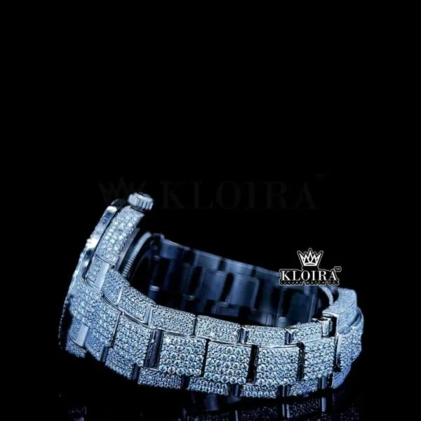 White Stick Markers Dial Full Iced Out White Gold Moissanite Watch Left Side View