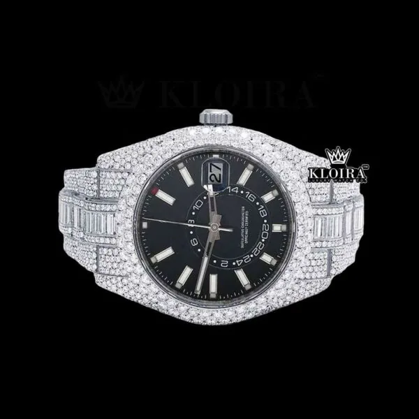 White Stick Markers Dual Time Black Dial Full Icd Out Moissanite Watch Close Up Dial View