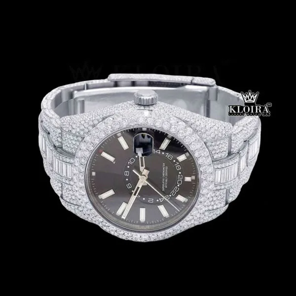 White Stick Markers Dual Time Black Dial Full Icd Out Moissanite Watch Close Up Front View