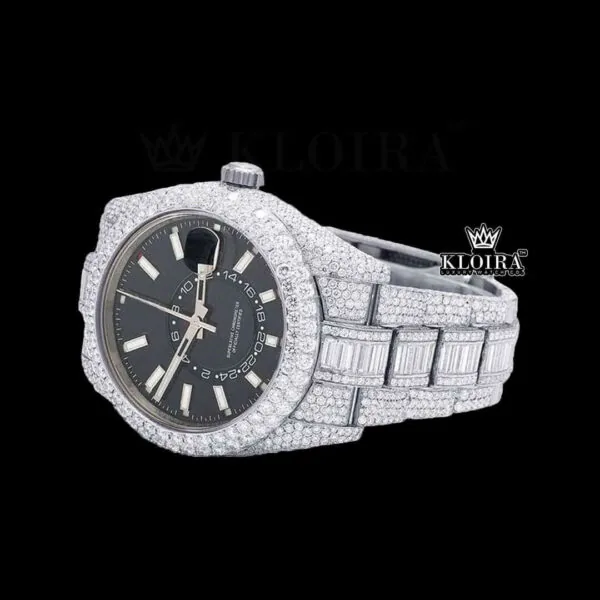 White Stick Markers Dual Time Black Dial Full Icd Out Moissanite Watch Left Profile View