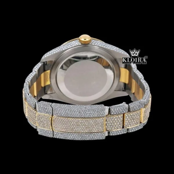 White Stick Markers Dual Time Dial Two Tone Iced Out Moissanite Watch Caseback View