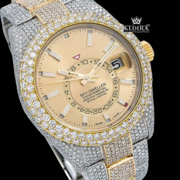 White Stick Markers Dual Time Dial Two Tone Iced Out Moissanite Watch Close Up Dial View