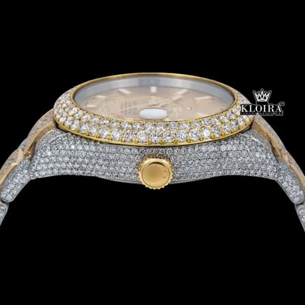 White Stick Markers Dual Time Dial Two Tone Iced Out Moissanite Watch Crown View