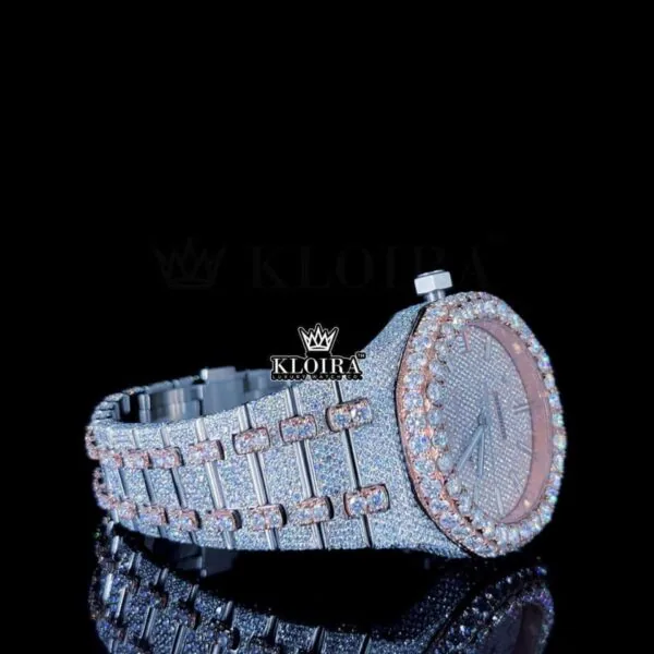 Women AP Rose Gold Dial Two Tone Fully Iced Out Moissanite Watch Right Side View