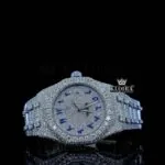Women Blue Arabic Dial Fully Iced Out Moissanite Diamond Watch
