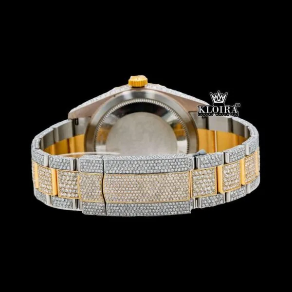 Yellow Bezel Black Dial Stick Markers Iced Out Moissanite Diamond Watch Caseback View