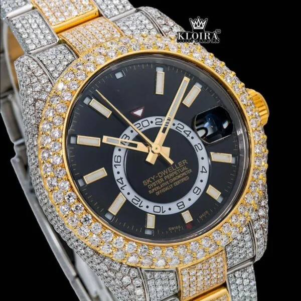 Yellow Bezel Black Dial Stick Markers Iced Out Moissanite Diamond Watch Close Up Dial View