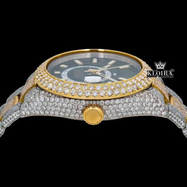 Yellow Bezel Black Dial Stick Markers Iced Out Moissanite Diamond Watch Crown View
