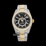 Yellow Bezel Black Dial Stick Markers Iced Out Moissanite Diamond Watch