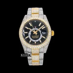 Yellow Bezel Black Dial Stick Markers Iced Out Moissanite Diamond Watch