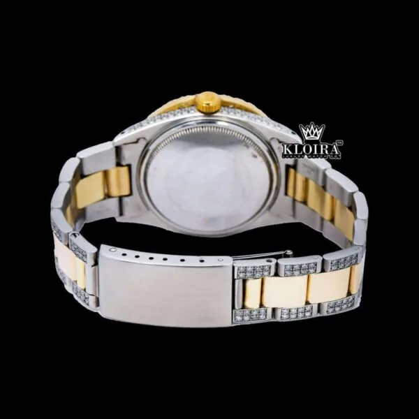 Yellow Bezel Roman Numerals White Dial Iced Out Moissanite Diamond Watch Caseback View