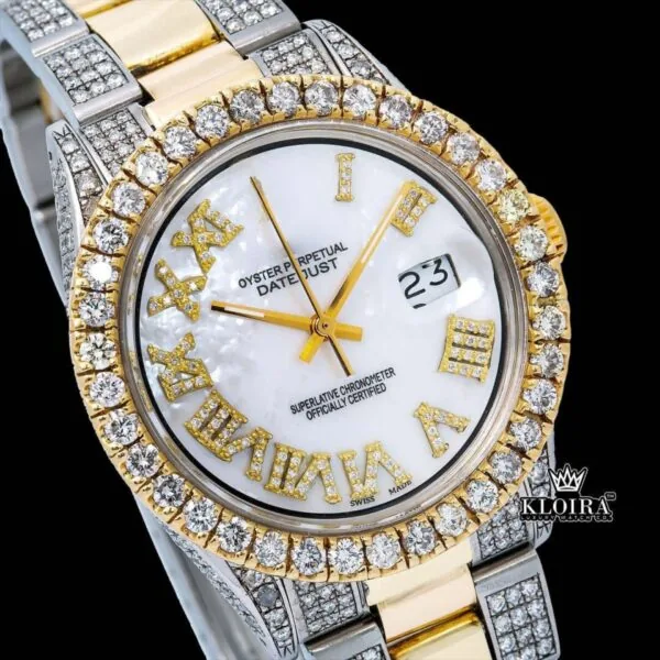 Yellow Bezel Roman Numerals White Dial Iced Out Moissanite Diamond Watch Close Up Dial View