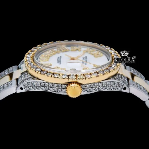 Yellow Bezel Roman Numerals White Dial Iced Out Moissanite Diamond Watch Crown View