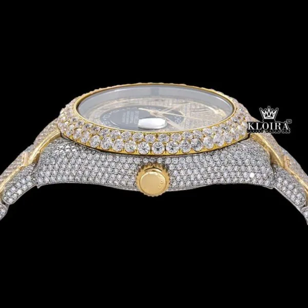 Yellow Dial Arabic Numerals Two Tone Iced Out Moissanite Diamond Watch Crown View