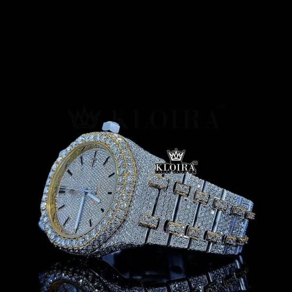 Yellow Dial Black Stick Markers Two Tone Iced Out Moissanite Diamond Watch Close Up Left Profile View