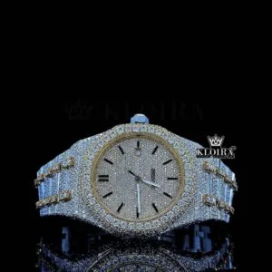 Yellow Dial Black Stick Markers Two Tone Iced Out Moissanite Diamond Watch