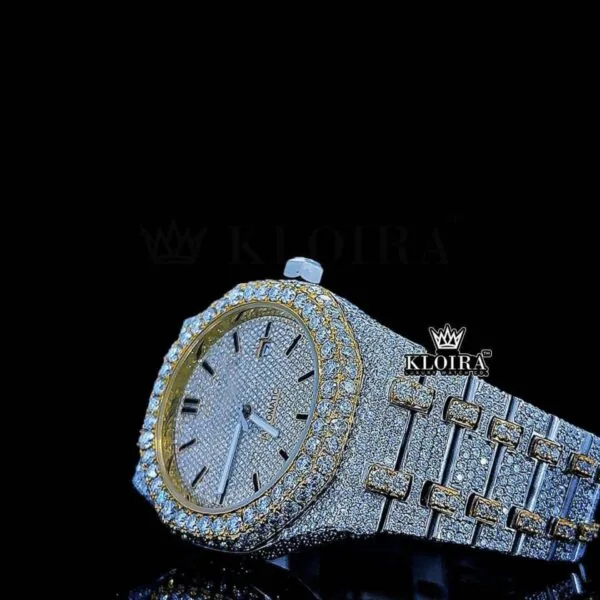 Yellow Dial Black Stick Markers Two Tone Iced Out Moissanite Diamond Watch Left Profile View