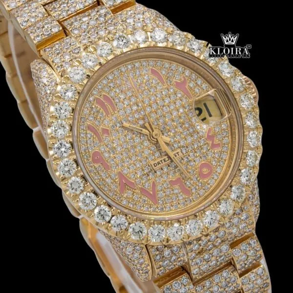 Yellow Dial Bust Down rose Gold Arabic Numeral Moissanite Diamond Watch Close Up Dial View