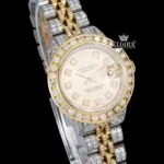 Yellow Dial Diamond Markers Two Tone Ladies Moissanite Watch Close Up Dial View