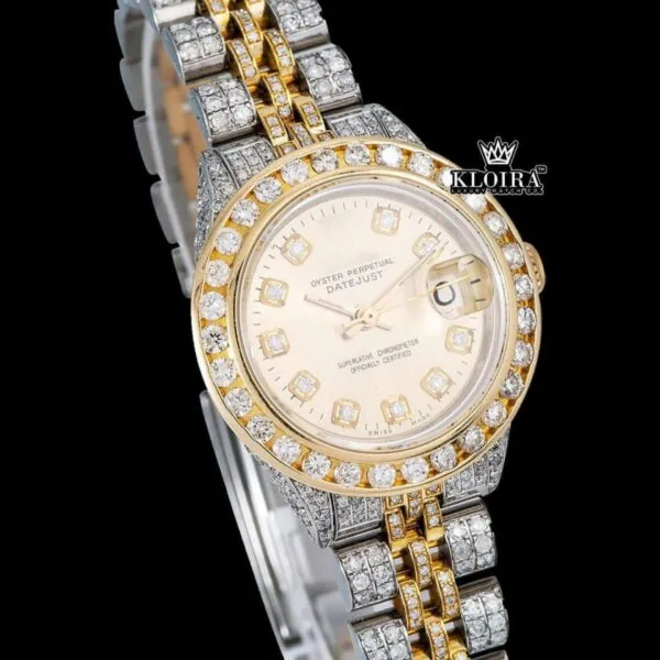Yellow Dial Diamond Markers Two Tone Ladies Moissanite Watch Close Up Dial View