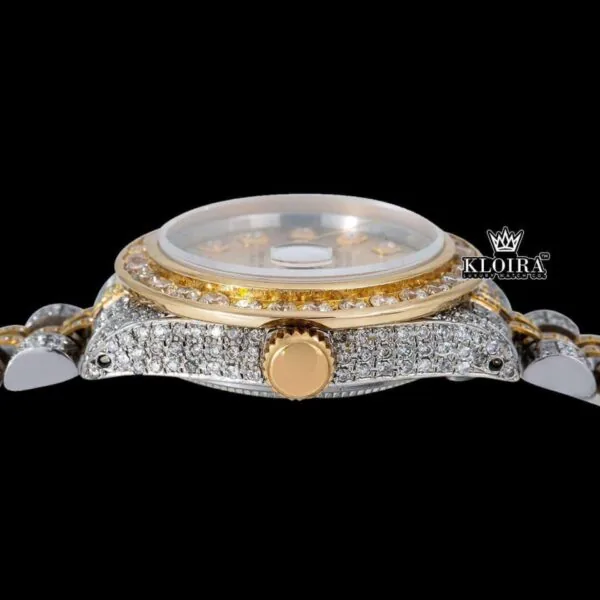 Yellow Dial Diamond Markers Two Tone Ladies Moissanite Watch Crown View