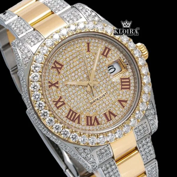 Yellow Dial Red Roman Numeral Moissanite Diamond Watch Close Up Dial View