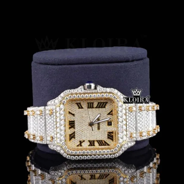 Yellow Dial Roman Numerald Two Tone Moissanite Diamond Watch Close Up Front View