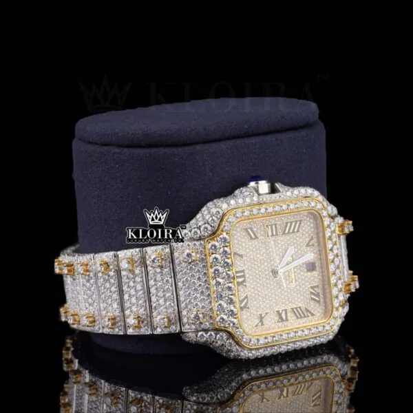 Yellow Dial Roman Numerald Two Tone Moissanite Diamond Watch Right Profile View