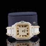 Yellow Dial Roman Numerals Two Tone Moissanite Diamond Watch Close Up Front View