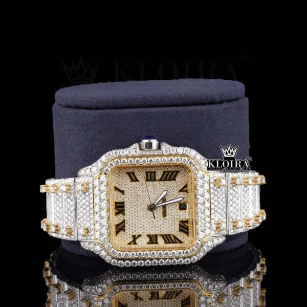 Yellow Dial Roman Numerals Two Tone Moissanite Diamond Watch Close Up Front View