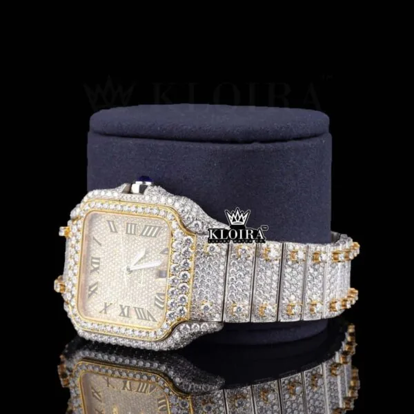 Yellow Dial Roman Numerals Two Tone Moissanite Diamond Watch Left Profile View