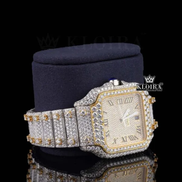 Yellow Dial Roman Numerals Two Tone Moissanite Diamond Watch Right Profile View