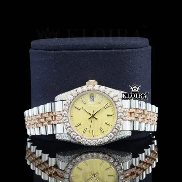 Yellow Dial Stick Markers Two Tone Rose Gold Moissanite Diamond Watch Close Up Front View