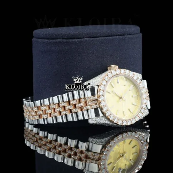Yellow Dial Stick Markers Two Tone Rose Gold Moissanite Diamond Watch Right Profile View