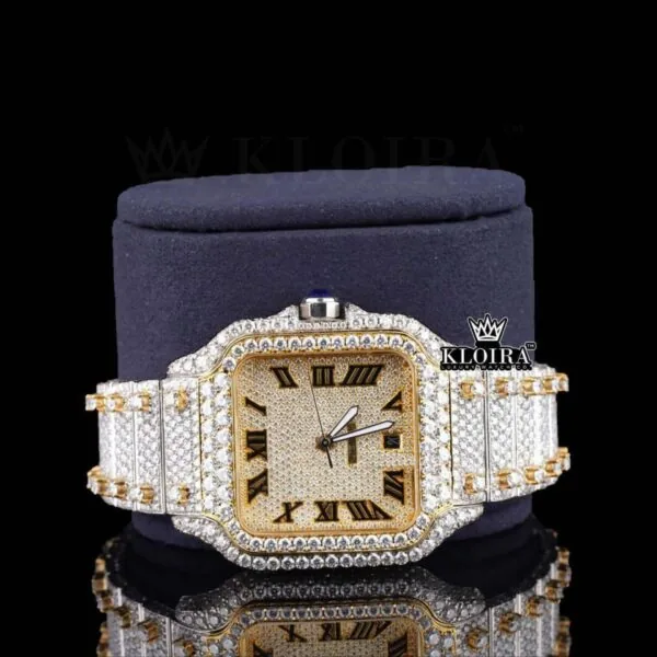 Yellow Dial Two Tone Roman Numeral Moissanite Diamond Watch Close Up Front View