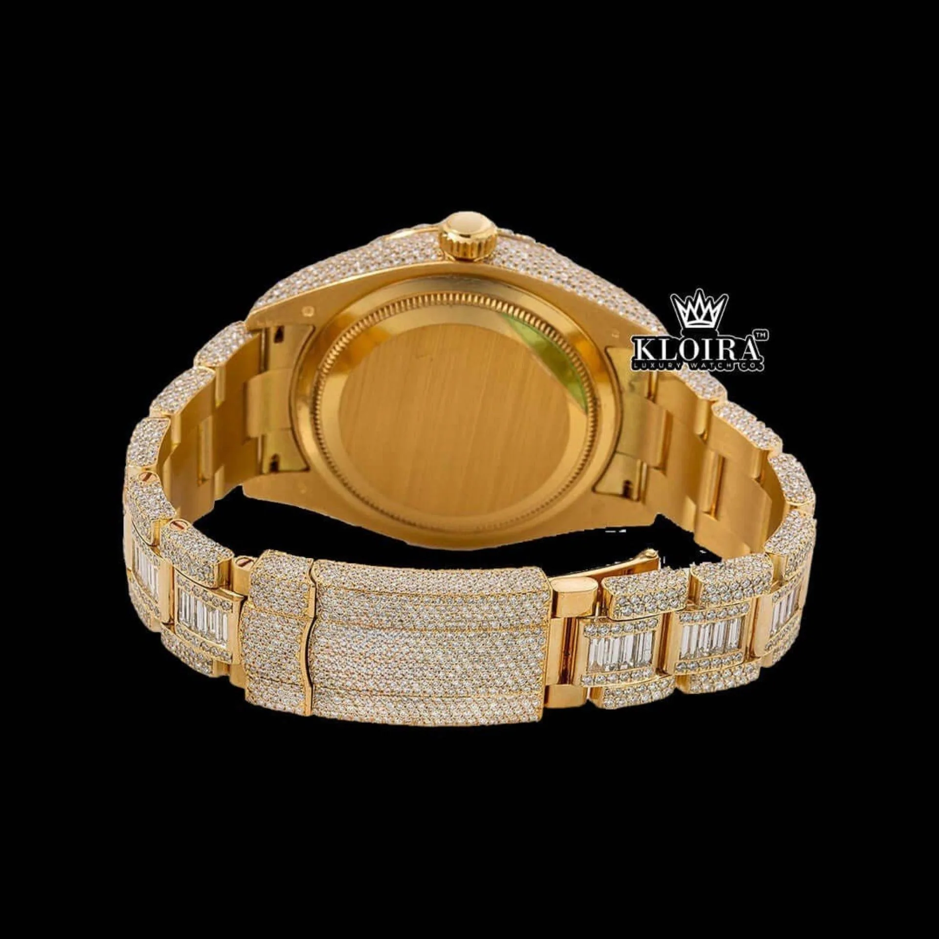 Yellow Dual Time Dial Standard Numerals Yellow Gold Iced Out Moissanite Watch Caseback View