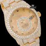 Yellow Dual Time Dial Standard Numerals Yellow Gold Iced Out Moissanite Watch Close Up Dial View
