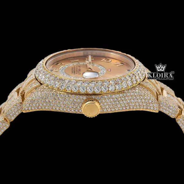 Yellow Dual Time Dial Standard Numerals Yellow Gold Iced Out Moissanite Watch Crown View