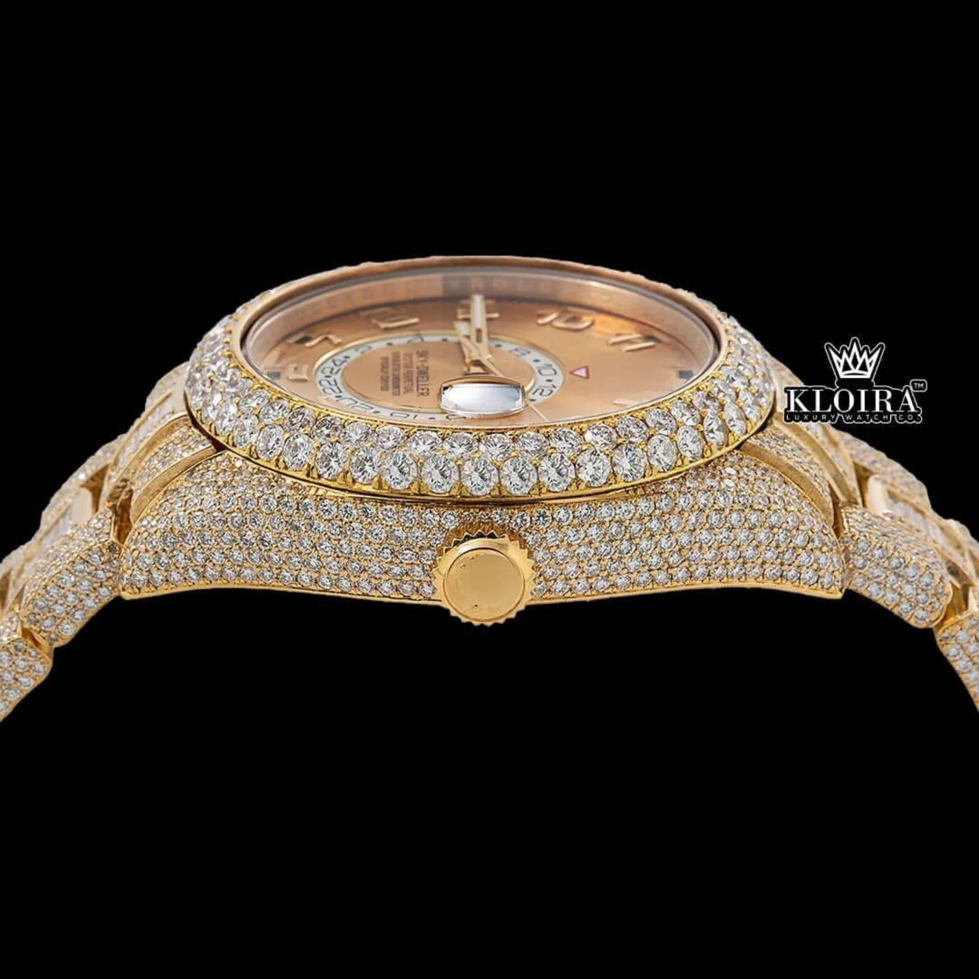 Yellow Dual Time Dial Standard Numerals Yellow Gold Iced Out Moissanite Watch Crown View