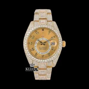 Yellow Dual Time Dial Standard Numerals Yellow Gold Iced Out Moissanite Watch