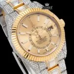 Yellow Dual Time Dial Stick Markers Two Tone Iced Out Moissanite Watch Close Up Dial View
