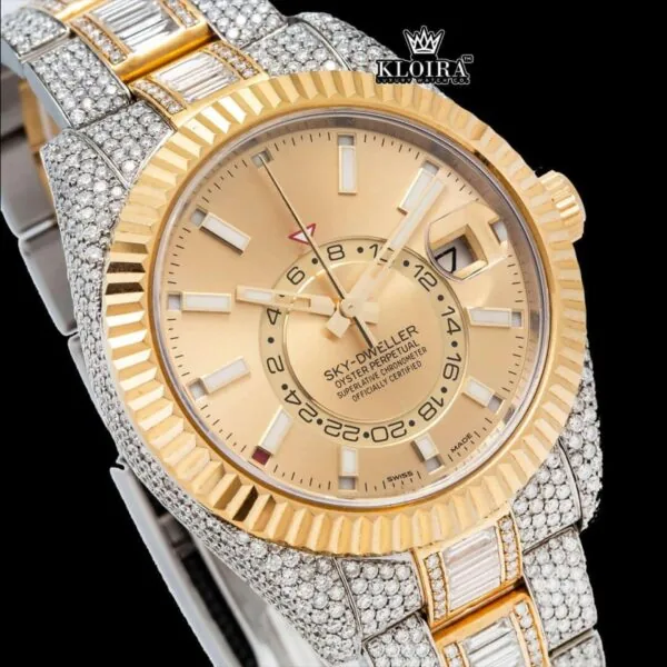 Yellow Dual Time Dial Stick Markers Two Tone Iced Out Moissanite Watch Close Up Dial View