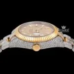 Yellow Dual Time Dial Stick Markers Two Tone Iced Out Moissanite Watch Crown View
