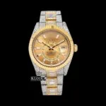 Yellow Dual Time Dial Stick Markers Two Tone Iced Out Moissanite Watch Front View